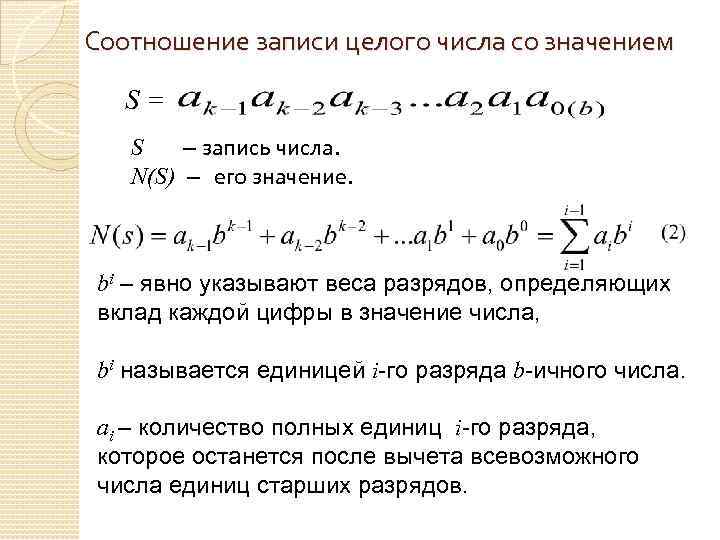 Соотношение записи целого числа со значением S= S – запись числа. N(S) – его