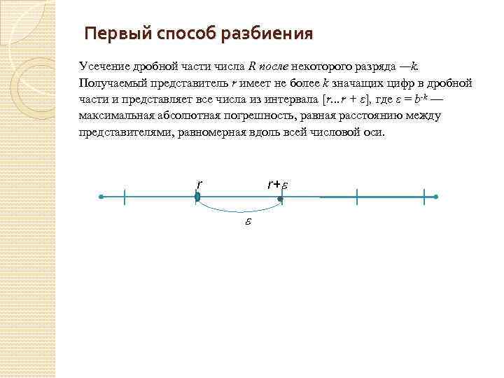 Первый способ разбиения Усечение дробной части числа R после некоторого разряда —k. Получаемый представитель