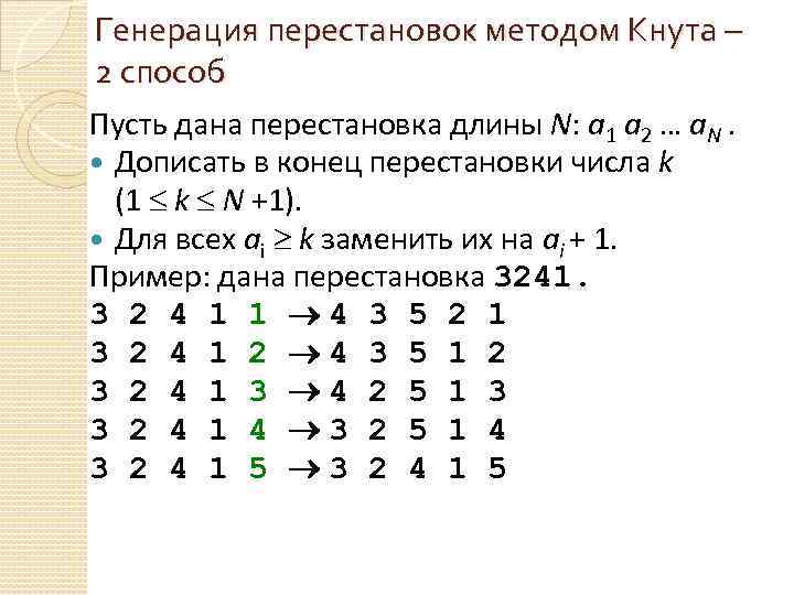 Генерация перестановок методом Кнута – 2 способ Пусть дана перестановка длины N: a 1