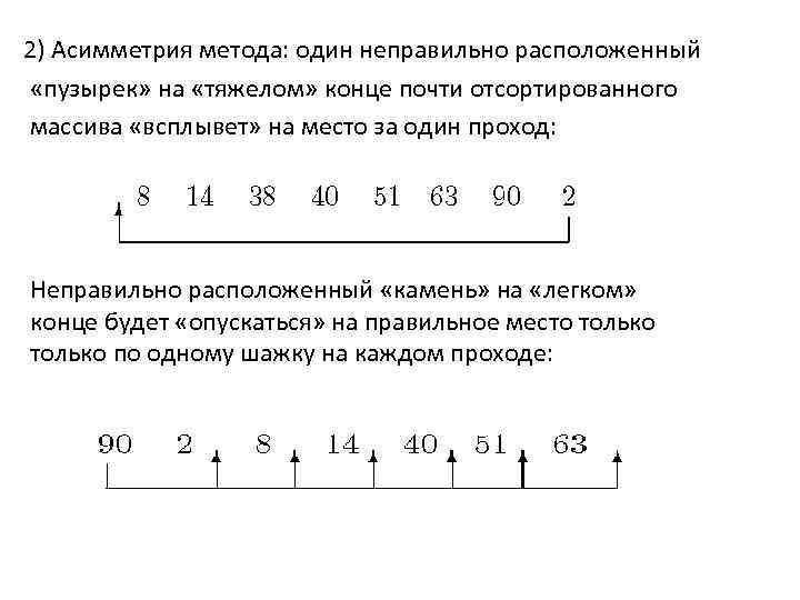 2) Асимметрия метода: один неправильно расположенный «пузырек» на «тяжелом» конце почти отсортированного массива «всплывет»