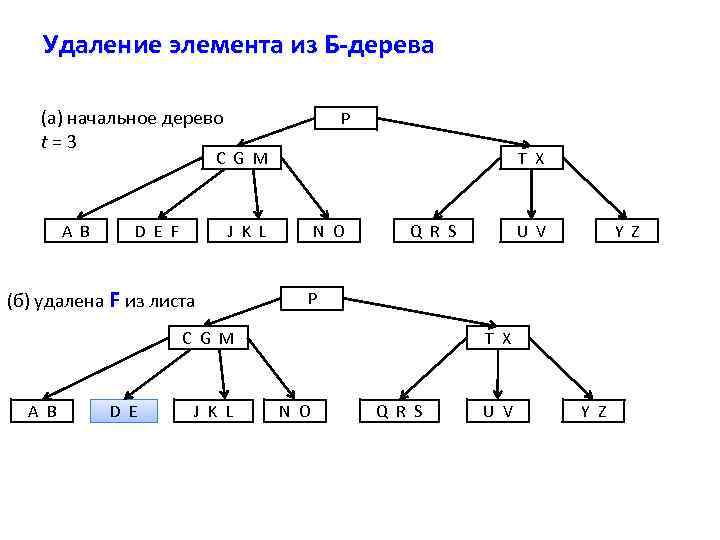 Удаление элемента из Б-дерева (а) начальное дерево t = 3 P C G M
