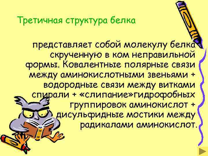 Третичная структура белка представляет собой молекулу белка скрученную в ком неправильной формы. Ковалентные полярные