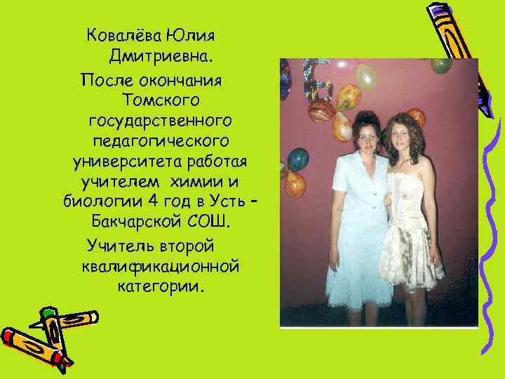 Ковалёва Юлия Дмитриевна. После окончания Томского государственного педагогического университета работая учителем химии и биологии