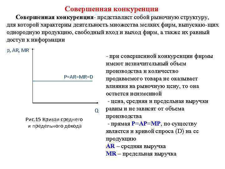 Совершенная конкуренция представляет собой рыночную структуру, для которой характерны деятельность множества мелких фирм, выпускаю