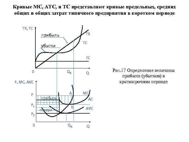 Кривые MC, ATC, и TC представляют кривые предельных, средних общих и общих затрат типичного