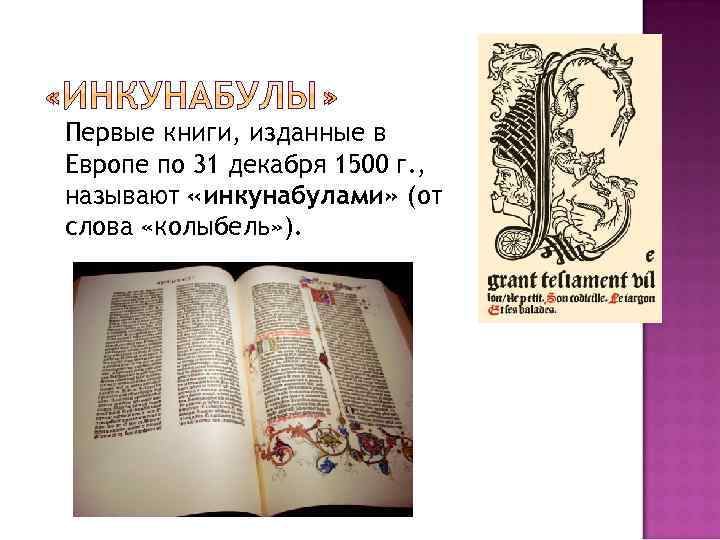 Первые книги, изданные в Европе по 31 декабря 1500 г. , называют «инкунабулами» (от