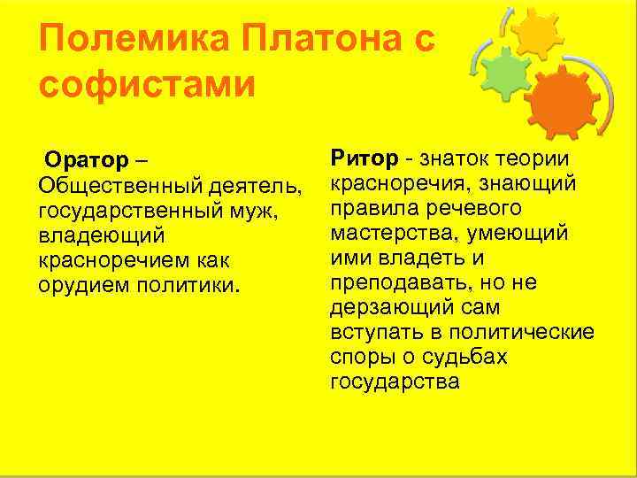 Полемика Платона с софистами Оратор – Общественный деятель, государственный муж, владеющий красноречием как орудием