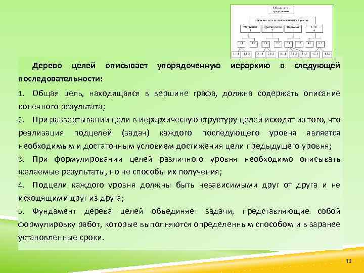 Дерево целей описывает упорядоченную иерархию в следующей последовательности: Общая цель, находящаяся в вершине графа,