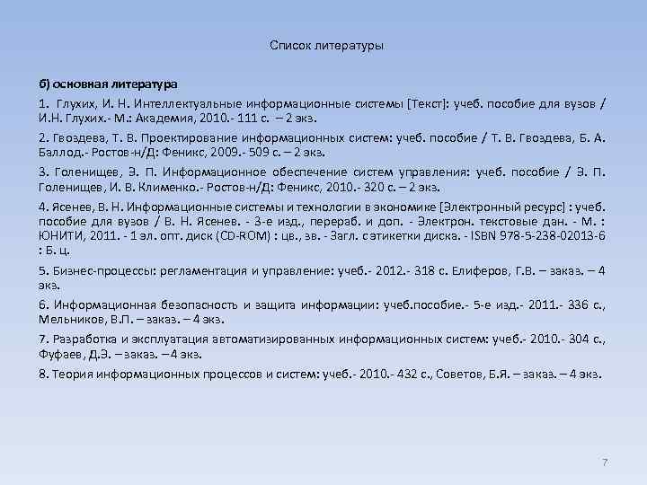 Список литературы б) основная литература 1. Глухих, И. Н. Интеллектуальные информационные системы [Текст]: учеб.