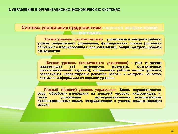 4. УПРАВЛЕНИЕ В ОРГАНИЗАЦИОННО-ЭКОНОМИЧЕСКИХ СИСТЕМАХ Система управления предприятием является иерархической системой: Третий уровень (стратегический)