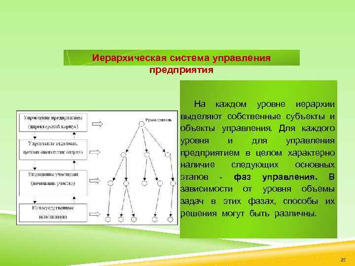 Иерархическая система управления предприятия На каждом уровне иерархии выделяют собственные субъекты и объекты управления.