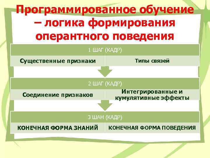 Программированное обучение – логика формирования оперантного поведения 1 ШАГ (КАДР) Существенные признаки Типы связей