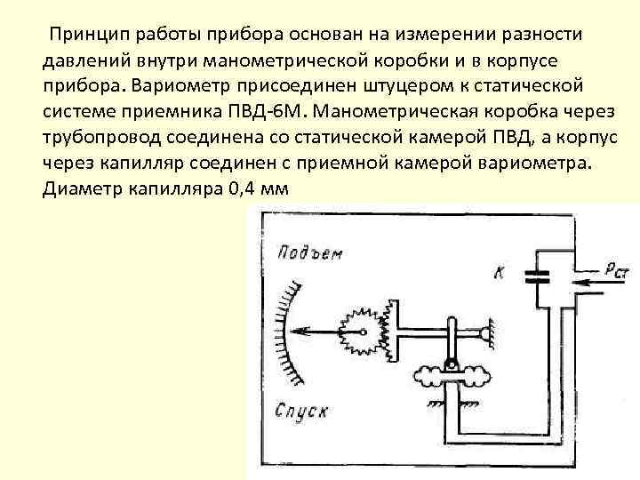 Принцип работы прибора. Принципиальная схема вариометра. Манометрическая коробка принцип действия. Принцип действия вариометра. Схема вариометра с манометрической коробкой..