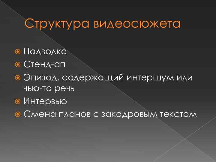 Структура видеосюжета Подводка Стенд-ап Эпизод, содержащий интершум или чью-то речь Интервью Смена планов с