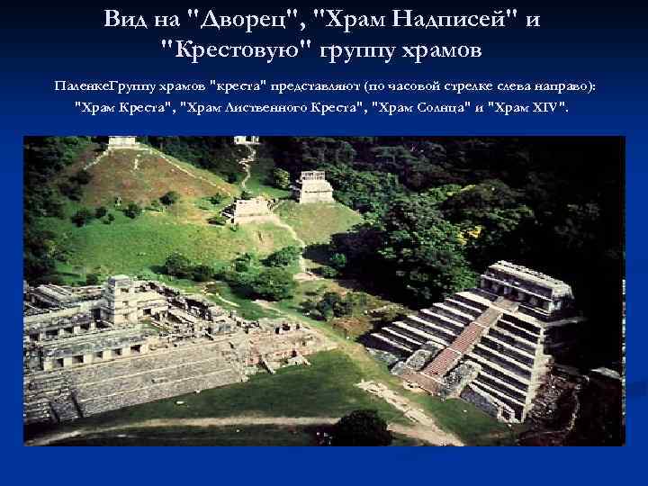 Вид на "Дворец", "Храм Надписей" и "Крестовую" группу храмов Паленке. Группу храмов "креста" представляют