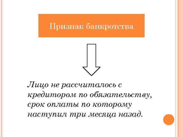 Признак банкротства Лицо не рассчиталось с кредитором по обязательству, срок оплаты по которому наступил