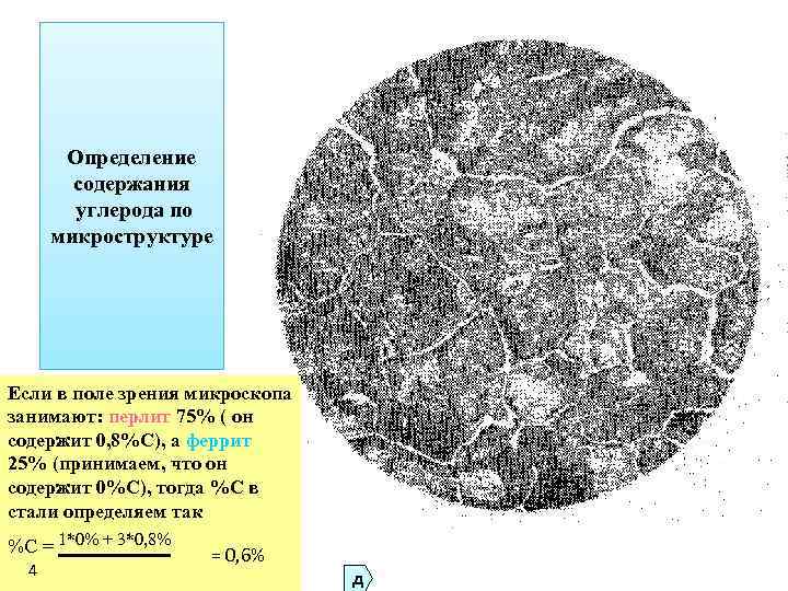 Определение содержания углерода по микроструктуре Если в поле зрения микроскопа занимают: перлит 75% (