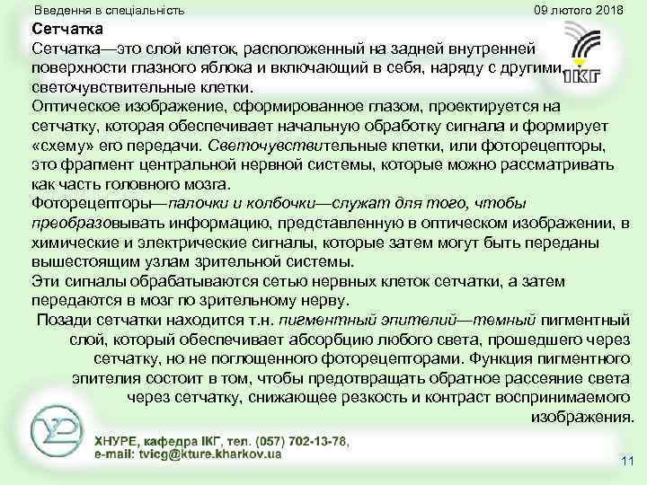 Введення в спеціальність 09 лютого 2018 Сетчатка—это слой клеток, расположенный на задней внутренней поверхности