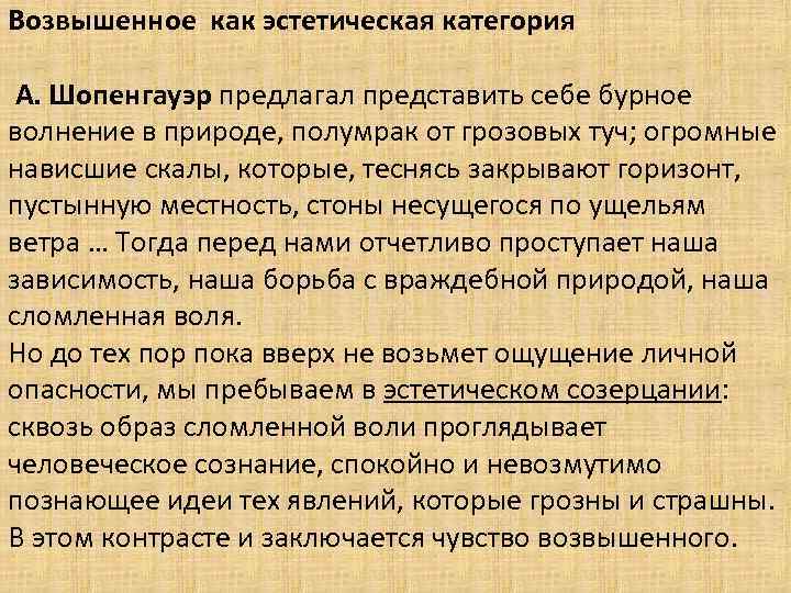 Возвышенное как эстетическая категория А. Шопенгауэр предлагал представить себе бурное волнение в природе, полумрак