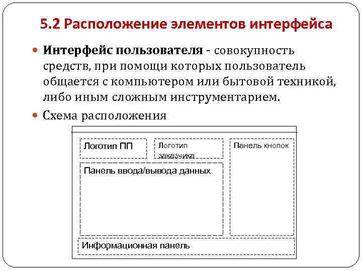 5. 2 Расположение элементов интерфейса Интерфейс пользователя - совокупность средств, при помощи которых пользователь