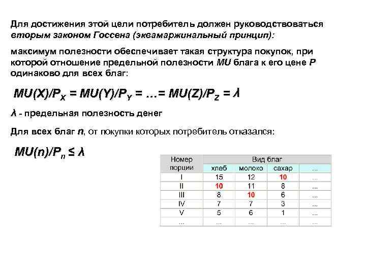 Для достижения этой цели потребитель должен руководствоваться вторым законом Госсена (эквамаржинальный принцип): максимум полезности