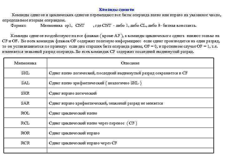 Команды сдвигов и циклических сдвигов перемещают все биты операнда влево или вправо на указанное