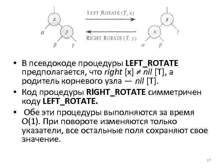  • В псевдокоде процедуры LEFT_ROTATE предполагается, что right [x] ≠ nil [T], а