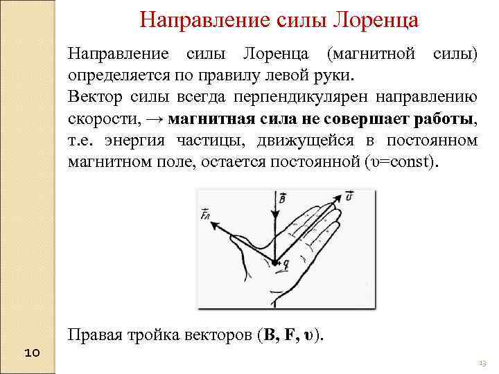 Направление силы Лоренца (магнитной силы) определяется по правилу левой руки. Вектор силы всегда перпендикулярен