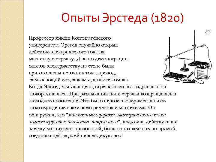 Опыты Эрстеда (1820) Профессор химии Копенгагенского университета Эрстед случайно открыл действие электрического тока на