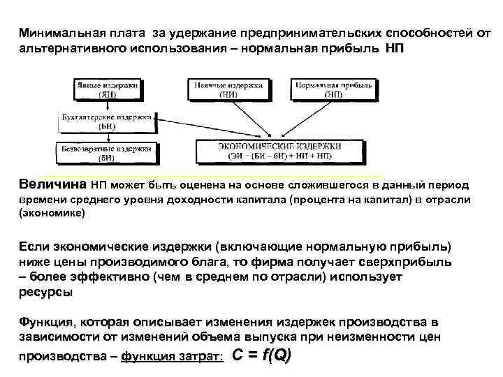 Минимальная плата за удержание предпринимательских способностей от альтернативного использования – нормальная прибыль НП Величина