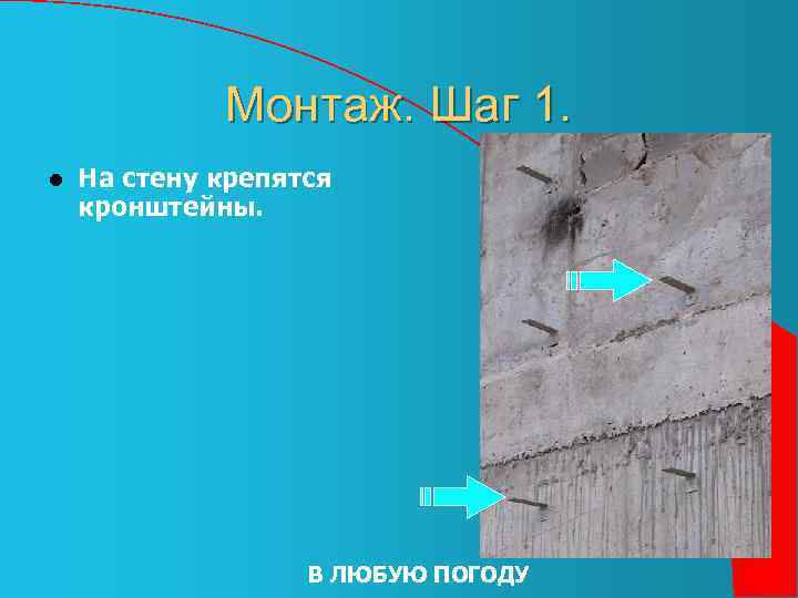 Монтаж. Шаг 1. l На стену крепятся кронштейны. В ЛЮБУЮ ПОГОДУ 
