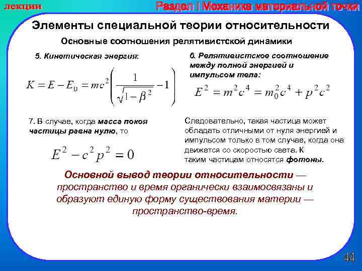 Формулы специальной теории