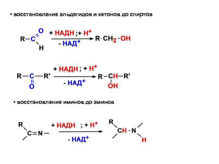  • восстановление альдегидов и кетонов до спиртов • восстановление иминов до аминов 