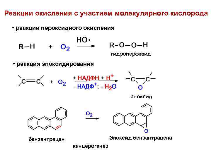 Реакции окисления с участием молекулярного кислорода • реакции пероксидного окисления гидропероксид • реакция эпоксидирования