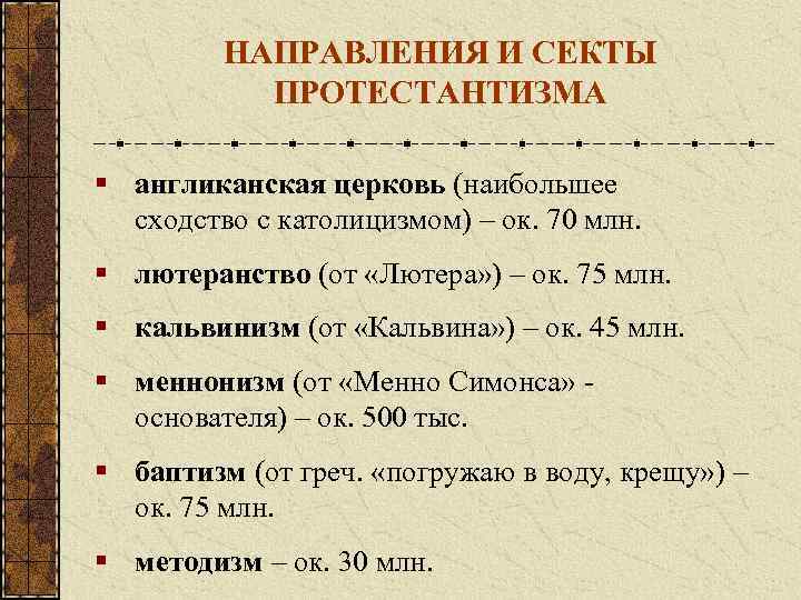 НАПРАВЛЕНИЯ И СЕКТЫ ПРОТЕСТАНТИЗМА § англиканская церковь (наибольшее сходство с католицизмом) – ок. 70