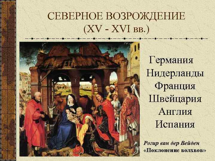 СЕВЕРНОЕ ВОЗРОЖДЕНИЕ (XV - XVI вв. ) Германия Нидерланды Франция Швейцария Англия Испания Рогир