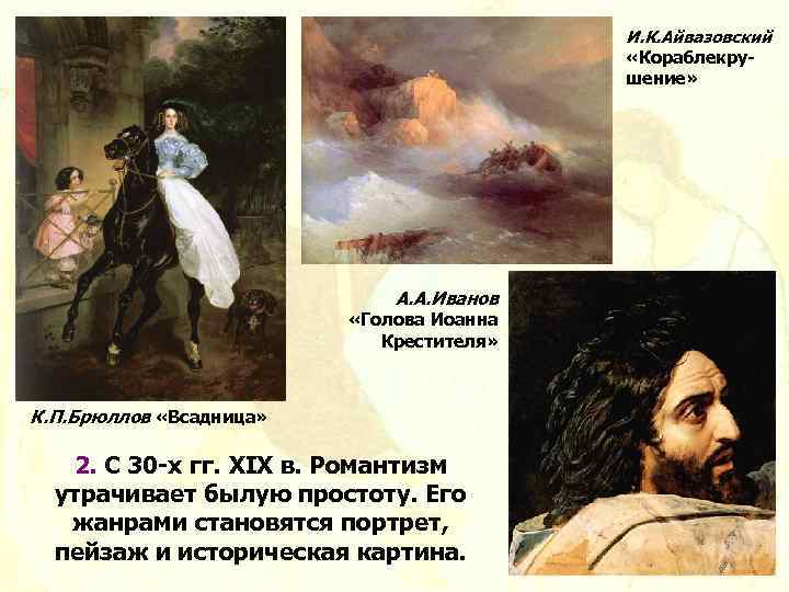И. К. Айвазовский «Кораблекрушение» А. А. Иванов «Голова Иоанна Крестителя» К. П. Брюллов «Всадница»