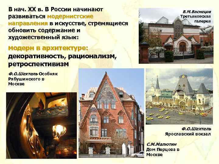 В нач. XX в. В России начинают развиваться модернистские направления в искусстве, стремящиеся обновить