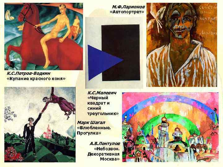 М. Ф. Ларионов «Автопортрет» К. С. Петров-Водкин «Купание красного коня» К. С. Малевич «Черный