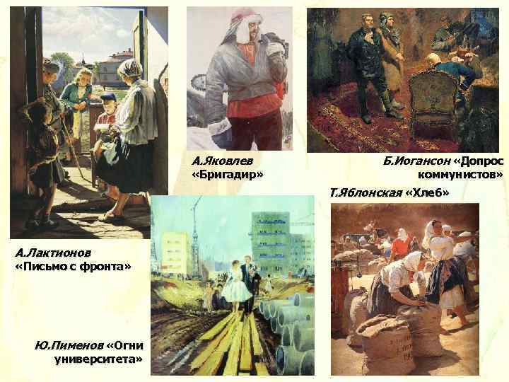 А. Яковлев «Бригадир» Б. Иогансон «Допрос коммунистов» Т. Яблонская «Хлеб» А. Лактионов «Письмо с