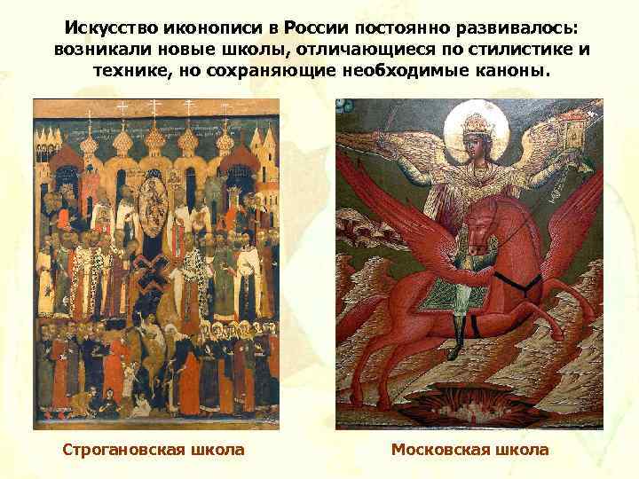 Искусство иконописи в России постоянно развивалось: возникали новые школы, отличающиеся по стилистике и технике,