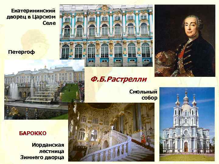 Екатерининский дворец в Царском Селе Петергоф Ф. Б. Растрелли Смольный собор БАРОККО Иорданская лестница