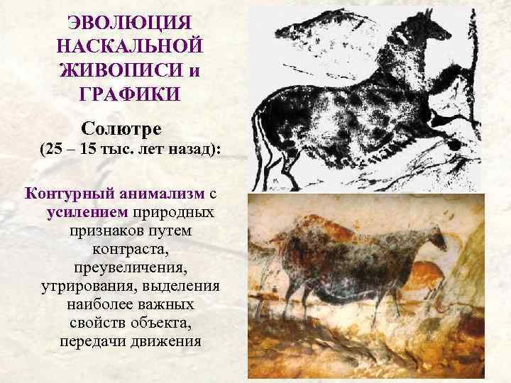 ЭВОЛЮЦИЯ НАСКАЛЬНОЙ ЖИВОПИСИ и ГРАФИКИ Солютре (25 – 15 тыс. лет назад): Контурный анимализм