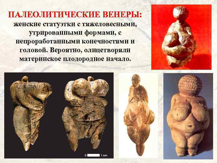 ПАЛЕОЛИТИЧЕСКИЕ ВЕНЕРЫ: женские статуэтки с тяжеловесными, утрированными формами, с непроработанными конечностями и головой. Вероятно,