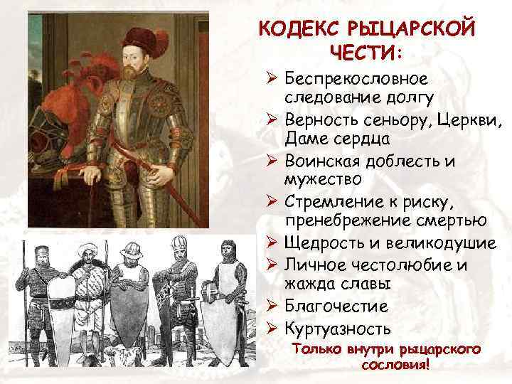 КОДЕКС РЫЦАРСКОЙ ЧЕСТИ: Ø Беспрекословное следование долгу Ø Верность сеньору, Церкви, Даме сердца Ø