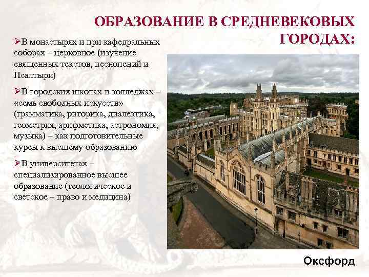ОБРАЗОВАНИЕ В СРЕДНЕВЕКОВЫХ ГОРОДАХ: ØВ монастырях и при кафедральных соборах – церковное (изучение священных