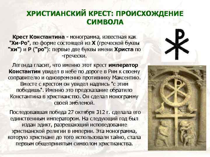 ХРИСТИАНСКИЙ КРЕСТ: ПРОИСХОЖДЕНИЕ СИМВОЛА Крест Константина - монограмма, известная как 