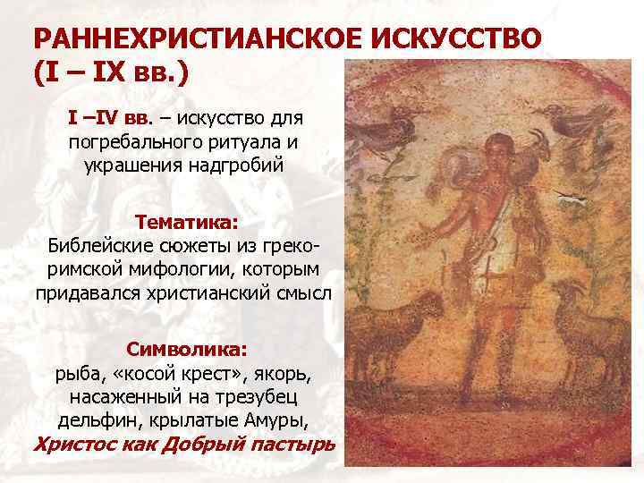 РАННЕХРИСТИАНСКОЕ ИСКУССТВО (I – IX вв. ) I –IV вв. – искусство для погребального