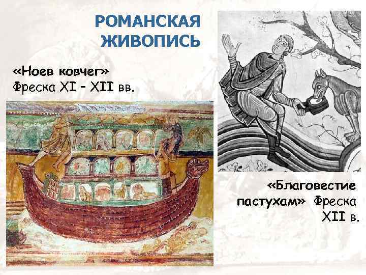 РОМАНСКАЯ ЖИВОПИСЬ «Ноев ковчег» Фреска XI – XII вв. «Благовестие пастухам» Фреска XII в.