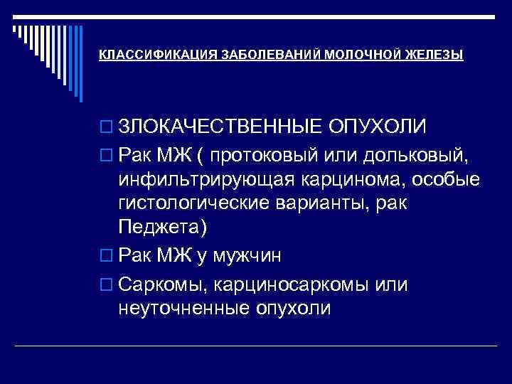 КЛАССИФИКАЦИЯ ЗАБОЛЕВАНИЙ МОЛОЧНОЙ ЖЕЛЕЗЫ o ЗЛОКАЧЕСТВЕННЫЕ ОПУХОЛИ o Рак МЖ ( протоковый или дольковый,